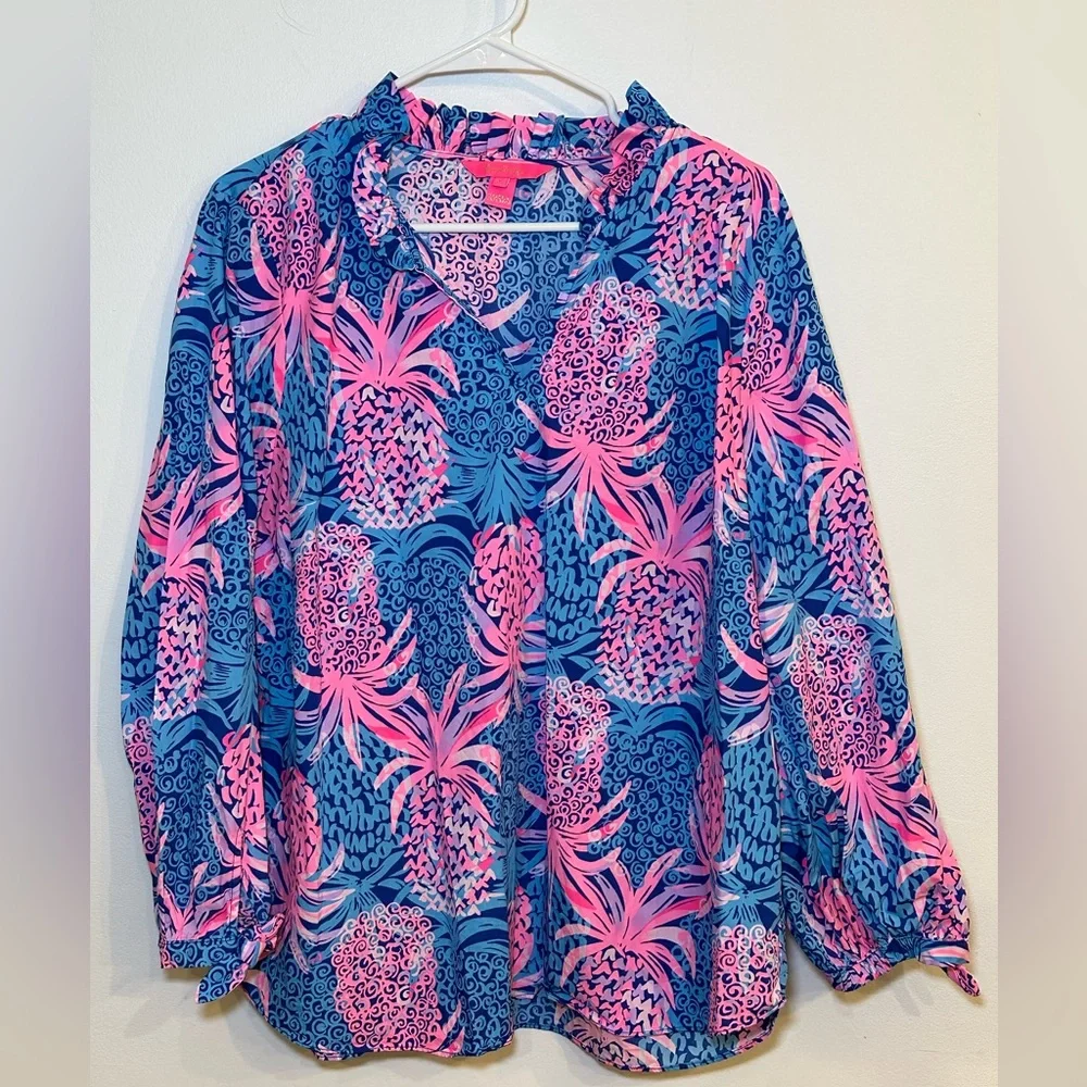 Lilly Pulitzer Sherida Top Borealis Blue Tropic Down Low Size XL - Picture 2 of 9